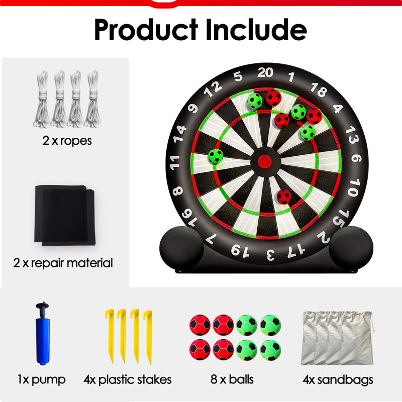 Jeu de fléchettes gonflable de 3 mètres avec 8 ballons et un souffleur de 370 W pour jardin, fête foraine ou autre.