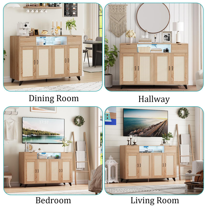 47 Inch  Modern Boho Rattan Sideboard Buffet Cabinet 4 Doors 2 Drawers Built-in Power Outlets Adjustable Shelves for Dining Room
