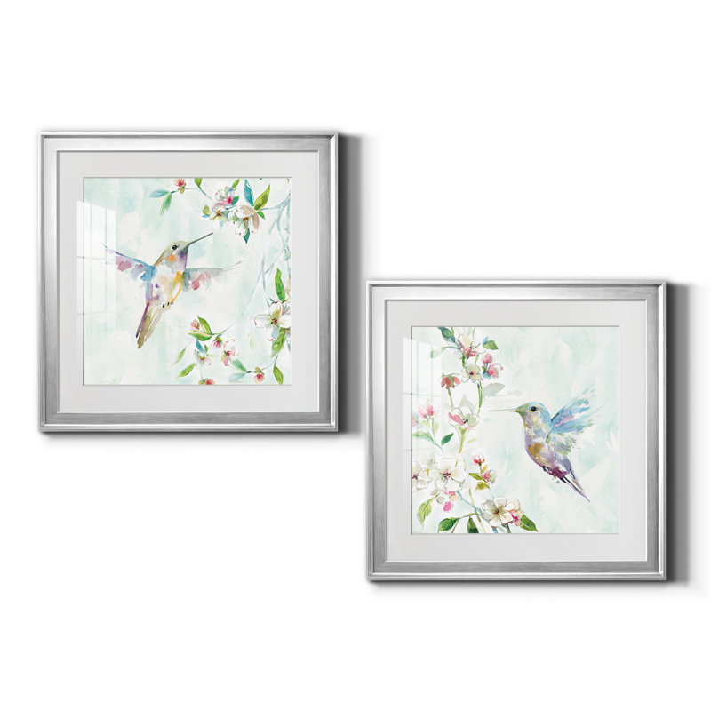 Colibri I - peinture encadrée sur papier, H 22,5 po x l 45 po x P 1,5 po, Papier avec cadre argenté, Blanc