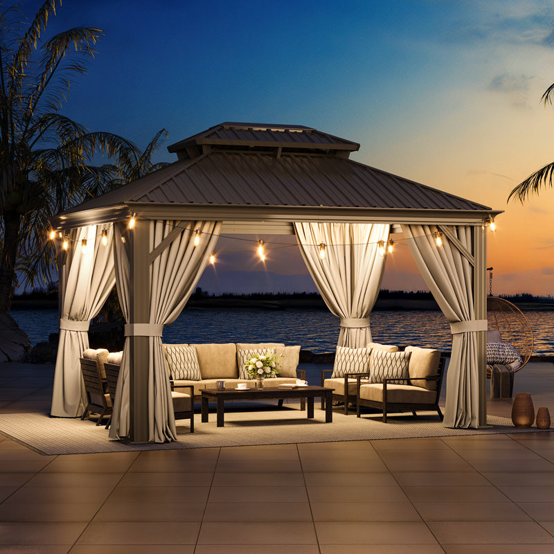 12x10 FT Hardtop Gazebo with Double Roof, 120mm Aluminum Posts & Built-in Gutter, Black & Grey, 12 Ft. W x 10 Ft. D