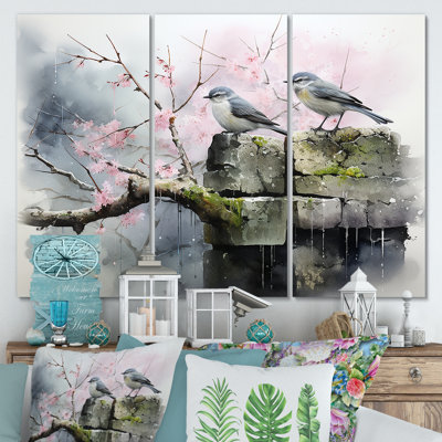 «Gray and Pink Spring Songbirds Blooms», art mural paysage