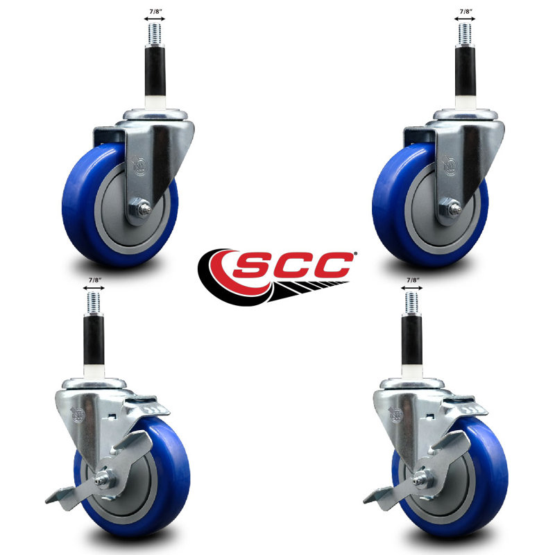 Ensemble de roulettes extensibles pivotantes en poly sur roulettes 2 freins SCC TLB 4 po x 7/8 po, Bleu