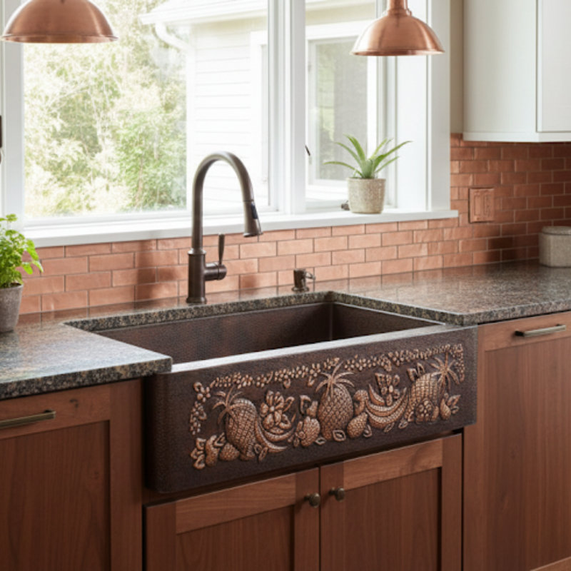 33" x 22" Single-Bowl Farmhouse Copper Kitchen Sink – Drop-In Apron Front, Hammered Bronze Finish, Handcrafted Copper Sink