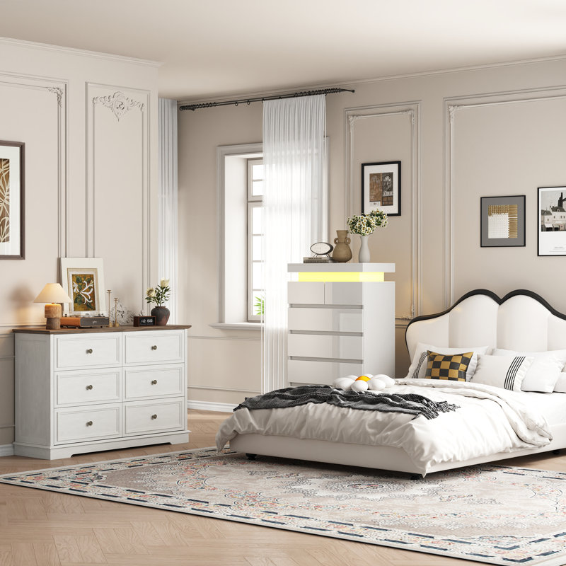 Ensemble de rangement vintage 2 pièces pour chambre à coucher avec commode haute à 6 tiroirs et commode à 6 tiroirs éclairées par DEL
