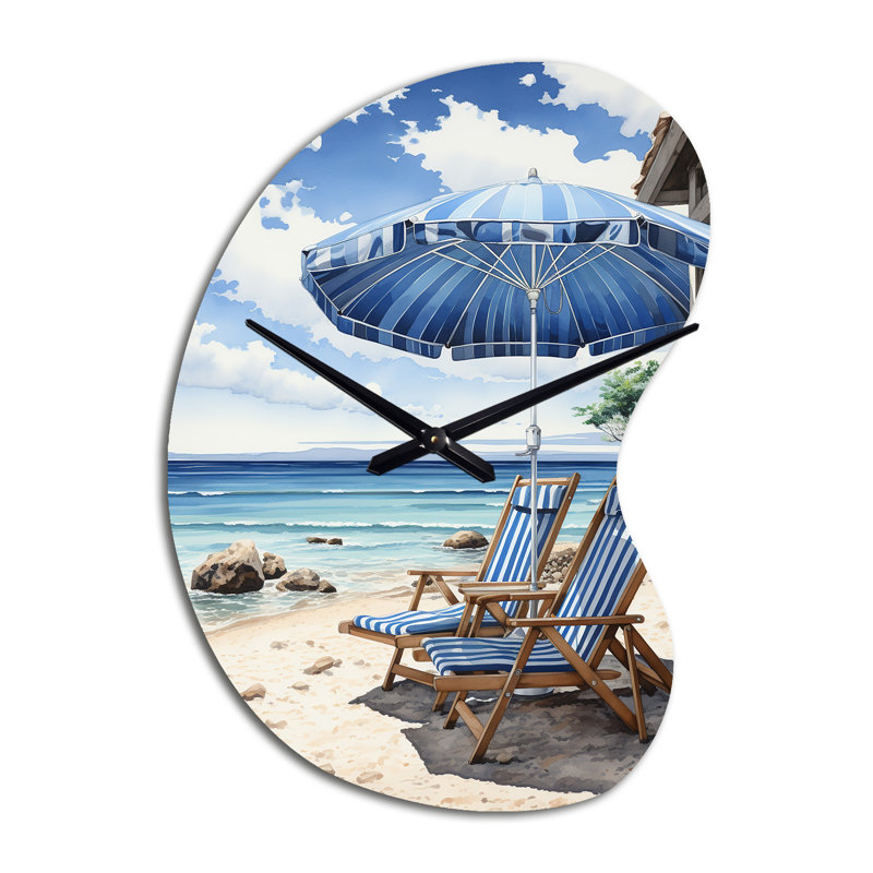 Beach Sandy Escape Pointillism I - Horloge murale asymétrique en métal plage, impression d'horloge murale bleue, Petit