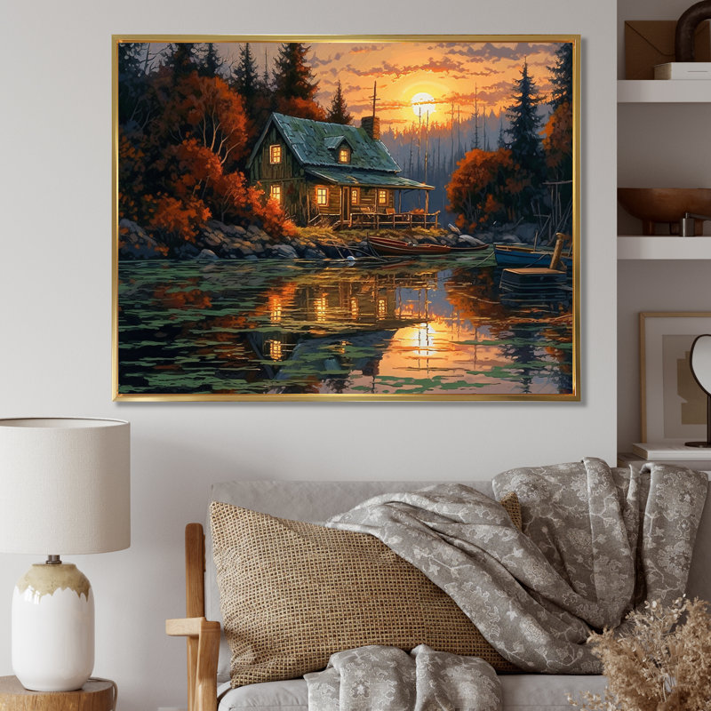 «Arvene Autumn Sunset Cottage I», reproduction sur toile, H 34 po x l 44 po, Reproduction avec cadre flottant, Doré