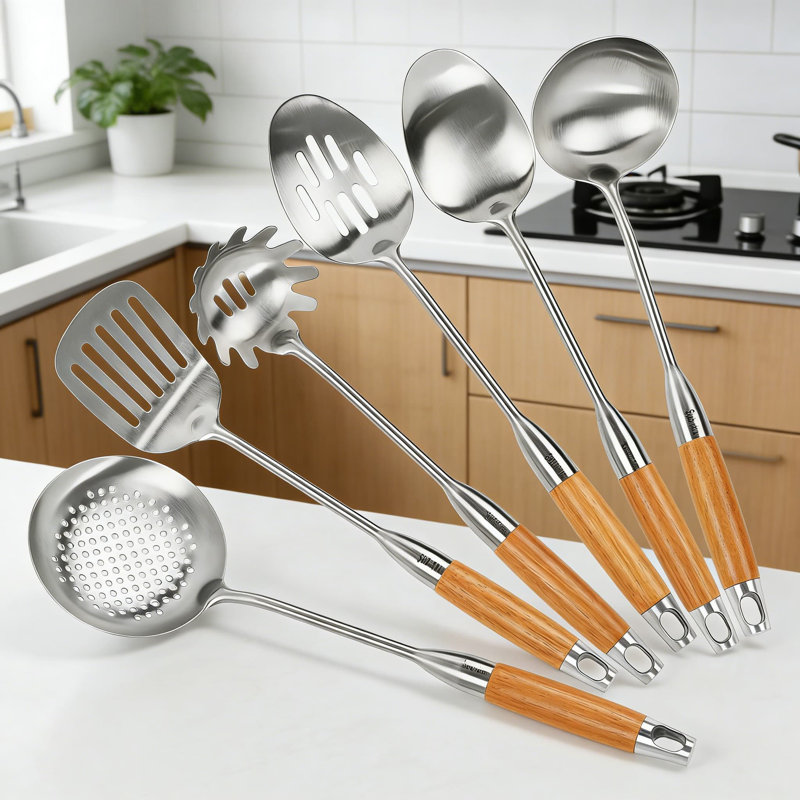 Ensemble d'ustensiles de cuisine 6 pièces en acier inoxydable avec poignées en bois - Spatule, louche, cuillère d'écumoire, cuillère à pâtes, grande cuillère, tourneur à fentes