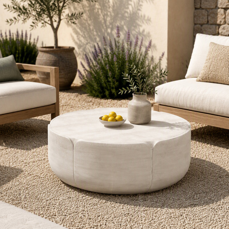 Table basse ronde d'intérieur pour l'extérieur, table de centre tambour moderne à grain de bois, robuste MGO imperméable