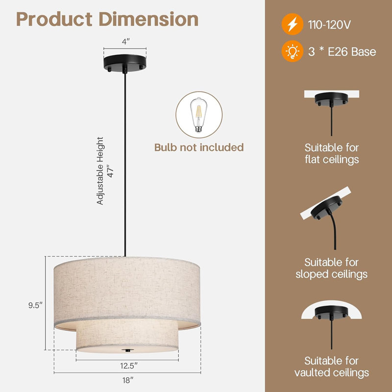 Luminaire suspendu en forme de tambour double moderne de 18 po, grand lustre suspendu avec abat-jour en tissu double couche, idéal pour la salle à manger, le salon, la chambre à coucher et la cuisine