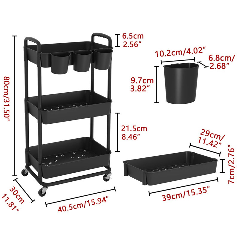 Chariot utilitaire roulant en plastique à 3 niveaux avec porte-gobelets suspendus, poignées et roues verrouillables, Black