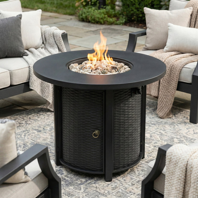 32" W 50000BTU Round Outdoor Propane Fire Pit Table with Wicker baes for Hidden Gas Tank Space and Cover lid