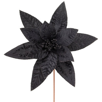 25" Black Glittered Poinsettia Flower Christmas Pick