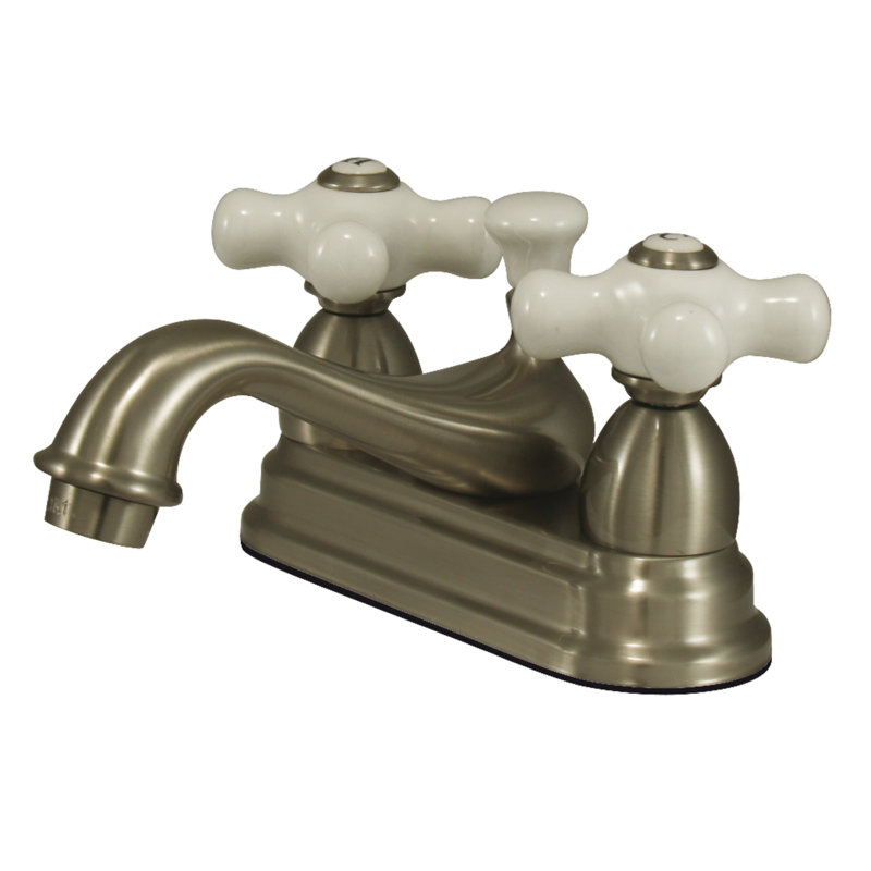 Kingston Brass Restoration Two-Handle 3-Hole Deck Mount 4" Centerset Bathroom Faucet with Brass Pop-Up, Brushed Nickel