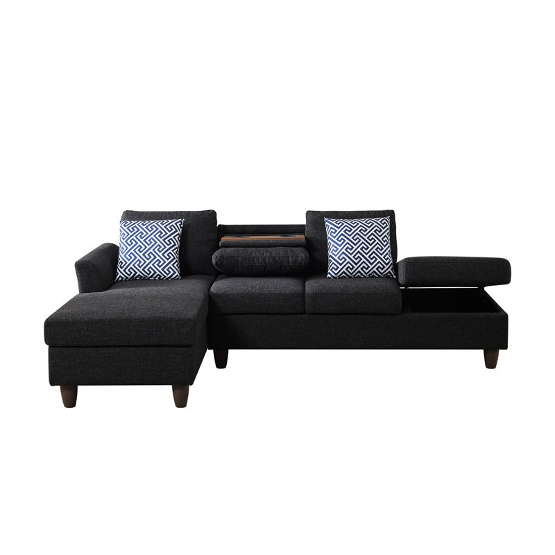 Modular 4 - Seat Linen With Hidden Drawers And Coordinated Pillows Wood Frame, Medium Soft Foam Seating, Black Gray Colors, 97 Inches Deep, 57 Wide, 34 High, 162.7 Lbs Reconfigurable Storage For