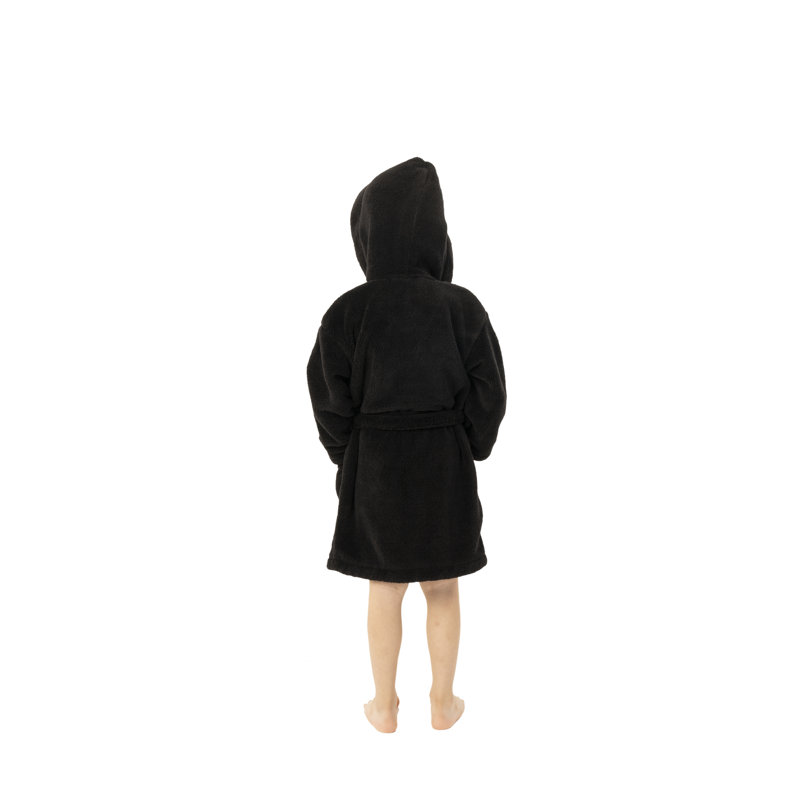Kids' XL Black Microfiber Fleece Hooded Bathrobe