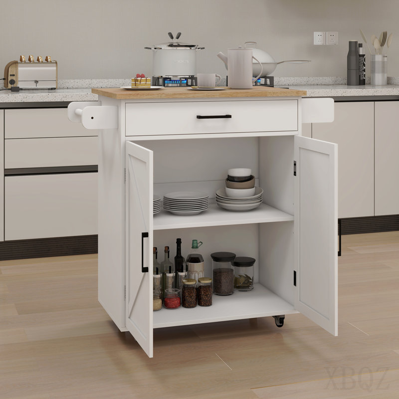 Chariot à roulettes pour îlot de cuisine avec tablettes réglables, porte-serviettes et plateau en bois d'hévéa - blanc