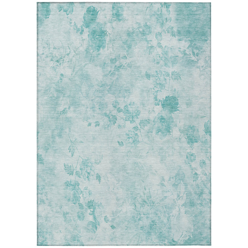 Tapis extérieur lavable floral bleu sarcelle et ivoire 10 pi x 14 pi Aqua