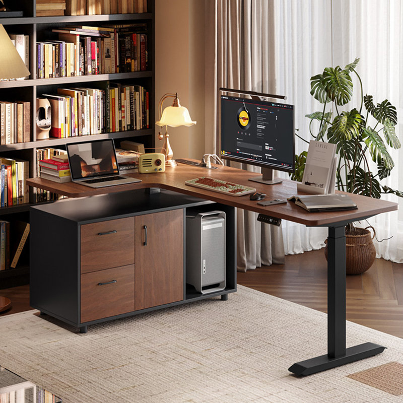 Bureau électrique en bois massif à hauteur réglable en L, H 27,56 po x l 55,12 po x P 43,31 po