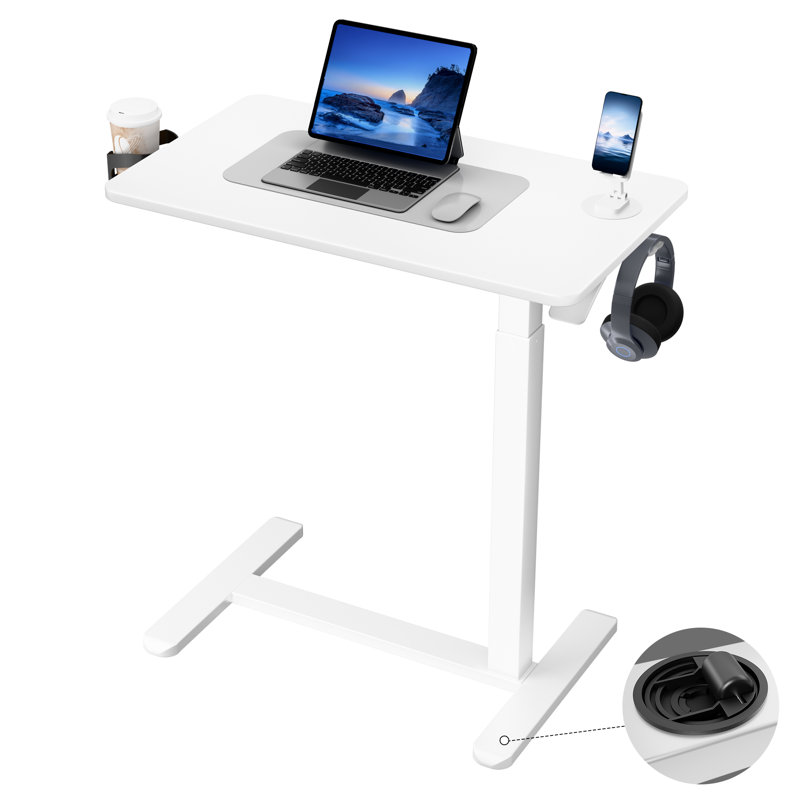 Table de chevet réglable en hauteur avec roulettes cachées, bureau pour travailler debout, table mobile pour ordinateur portable, chariot à roulettes pour usage hospitalier et domestique, blanc