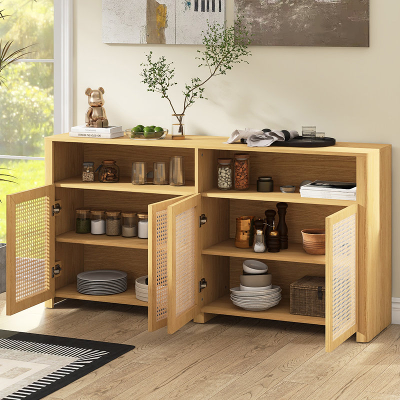 Buffet en rotin moderne de 63 po de style Mid-Century avec tablettes réglables, Naturel