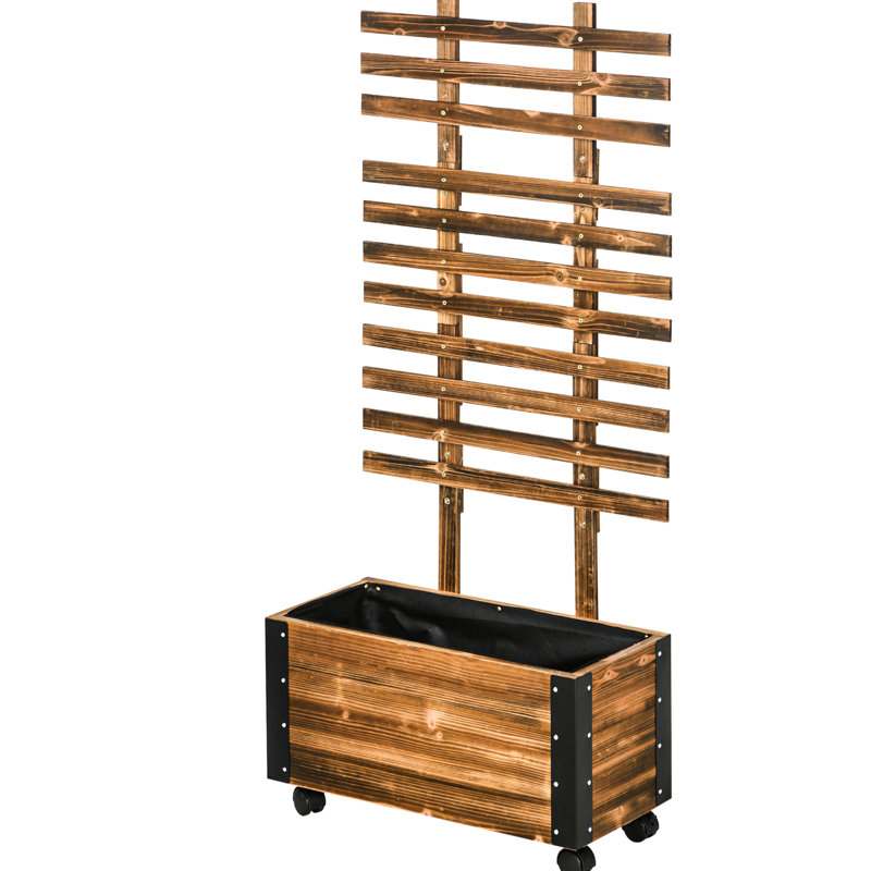 Garden Bed With Trellis And Wheels, 58" Outdoor Wooden Planter. Metal Framework, Self-Draining, For Plant Health Nurturing, Brown Elevated Box Trellis, Planter Wheels. Double Support, Flower Planting,