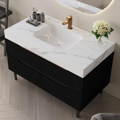 Meuble-lavabo moderne de 35,4 po avec lavabo sous comptoir, plateau en pierre frittée, bois massif multicouche imperméable, rangement à 4 tiroirs, autoportant / mural