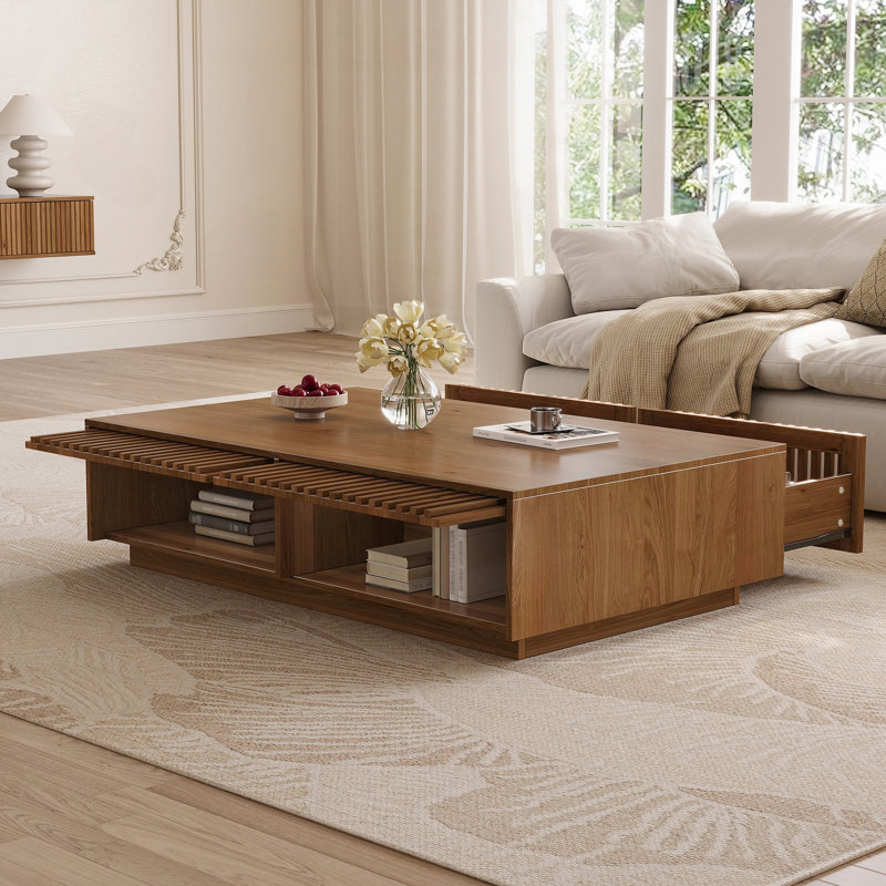 Table basse de style Mid-Century moderne avec tiroirs à lattes et rangement caché