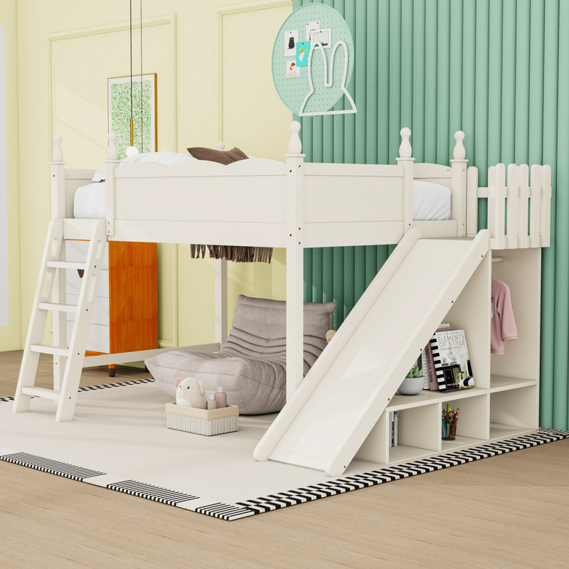 Lit mezzanine avec tablettes de rangement, garde-robe et glissade, Beige, Lit double