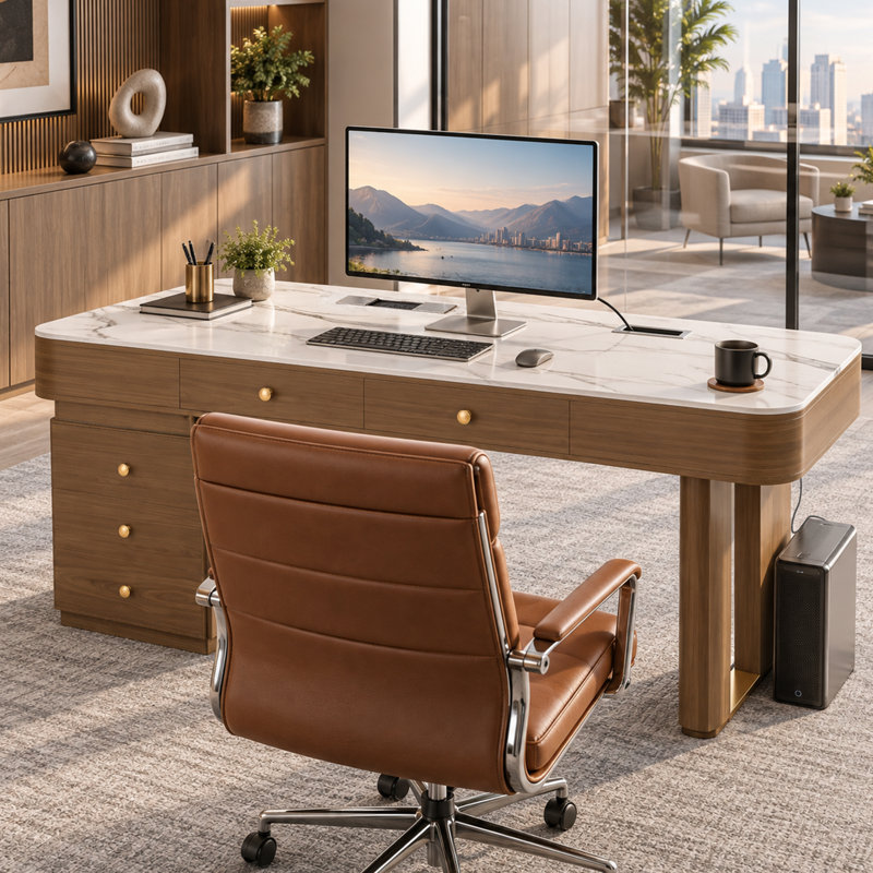 Bureau de direction de luxe de 180 cm (71 po), plateau en pierre frittée, table de PDG avec 5 tiroirs, prises électriques et ports USB intégrés, piètement en bois, grand bureau moderne pour la maison et le bureau.