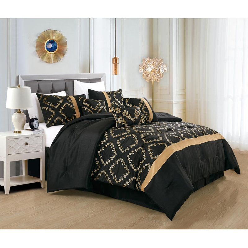  7-Piece Faux Silk Black Gold Embroidered Comforter Set, California King Comforter + 6 Additional Pieces 