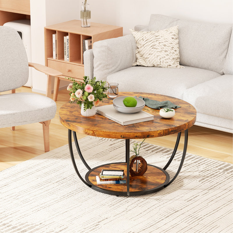 Table basse ronde de 31,5 po, tables basses à 2 niveaux pour le salon, petite table basse en bois avec rangement, table d'appoint moderne pour le salon et la cuisine