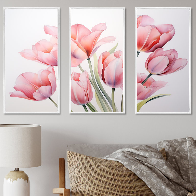 Tulipes, minimalisme, ensemble d'art sur toile, H 40 po x l 60 po x P 1 po, Cadre flottant blanc