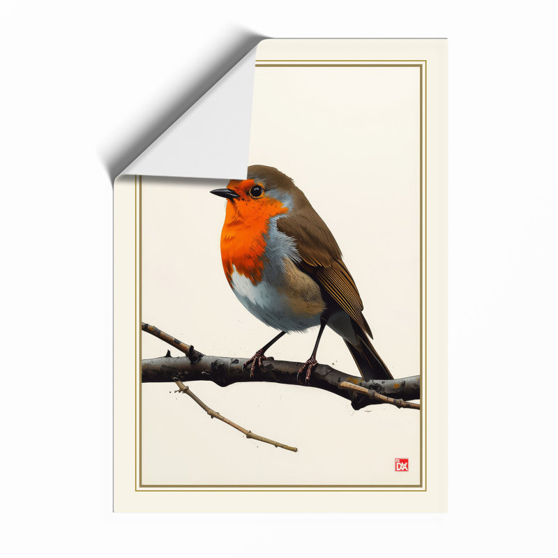 Robin on Branch Japandi - Framed Print, Unframed, A4 - 29.7 x 21.0 cm