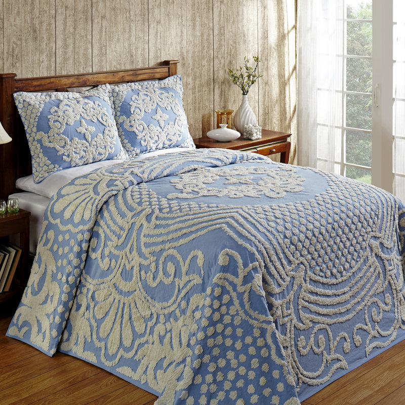 Florence Standard 100% Cotton Floral Pattern Coverlet/Bedspread with Sham Set, Twin Bedspread + 1 Standard Sham, Blue