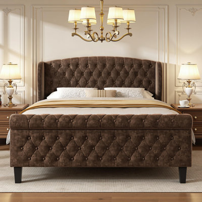 Velvet Upholstered Bed with Wingback Headboard