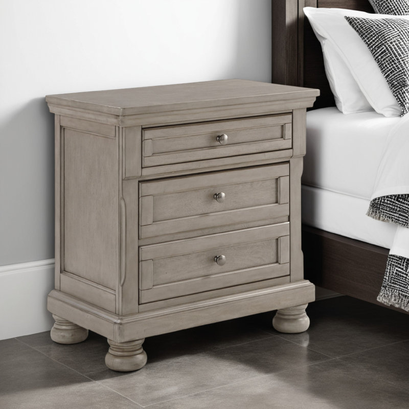 Table de chevet Ryno, 2 tiroirs, plateau coulissant, boutons ronds en nickel, gris