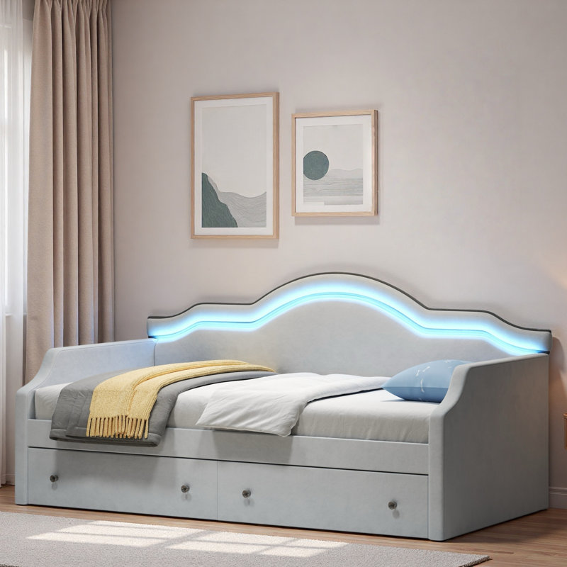 Upholstered Daybed With Led And 2 Drawers, Gray, Full