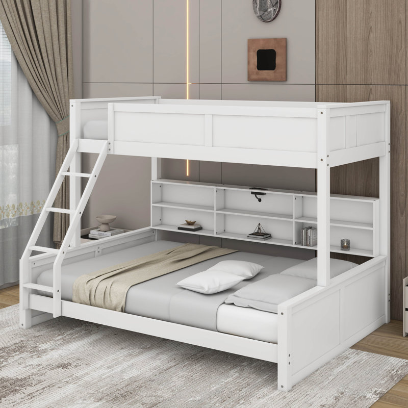 Twin XL Over Queen Bunk Bed With Cabinets And USB, Antique White