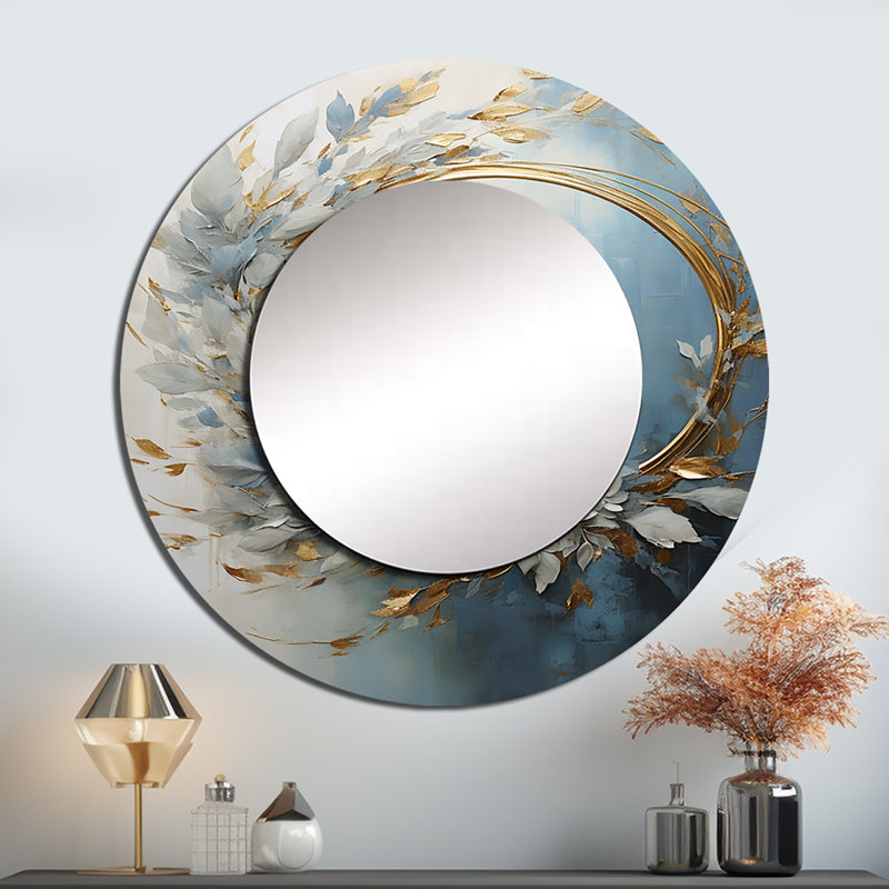 Couronne de fleurs bleue et dorée - miroir couronne, miroir mural rond beige, impression d'art en métal, 23 po x 23 po