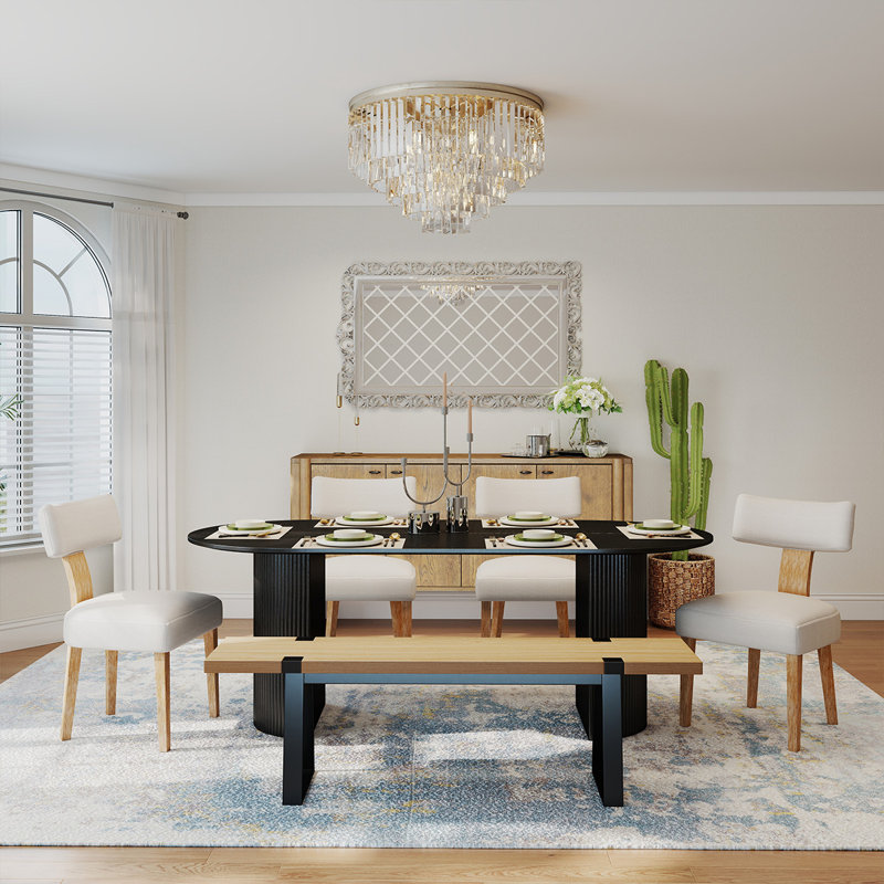 Ensemble de table de salle à manger 6 pièces en bois massif rustique avec chaise et banc, Beige / Naturel