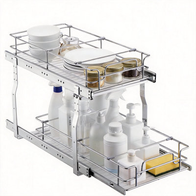 Pull Out Cabinet Organizer,  Heavy Duty Slide Out Pantry Shelves, Chrome-Plated Steel Roll Out Drawers for Home, Under Sink,Inside Kitchen Cabinet, Bathroom,(Silver)