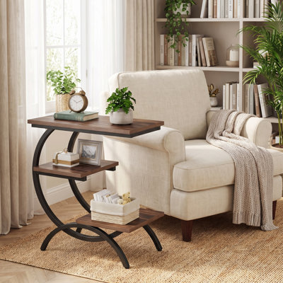 Table de bout Raylen, petite table d'appoint, table de bout en forme de C, table d'appoint en bois, table d'appoint en métal