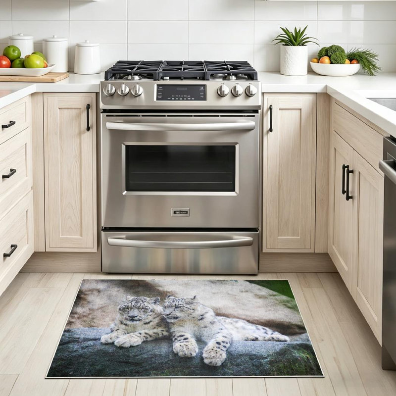 Tapis d'intérieur blanc lavable à la machine léopard des neiges avec pierre transparente, Rectangle 32" x 47"