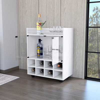Elegant White Bar Cart With 8 Rack And Double Glass Door Uncommonness Holder Display by Latitude Run