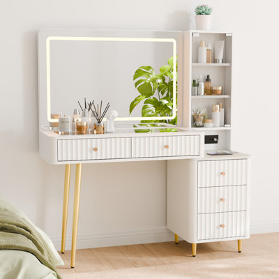 48" Fluted Vanity Desk with LED Mirror and Lights, Makeup Vanity with Glass Top, 5 Drawers & Storage Cabinet, Vanity Desk with Charging Station, 3 Light Modes, Gold Legs(White)