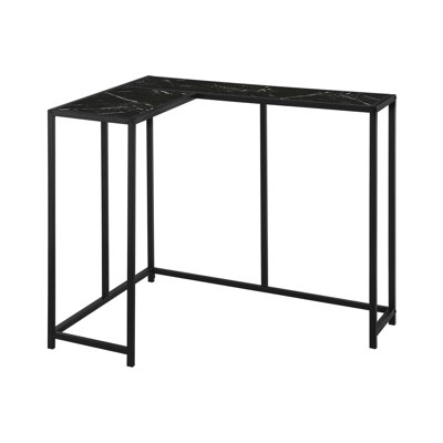 Black Accent Table - Narrow Corner Design For Living Room, With Metal Frame, Modern Bedroom Console Marble Look Laminate Top & Base, Space Saving