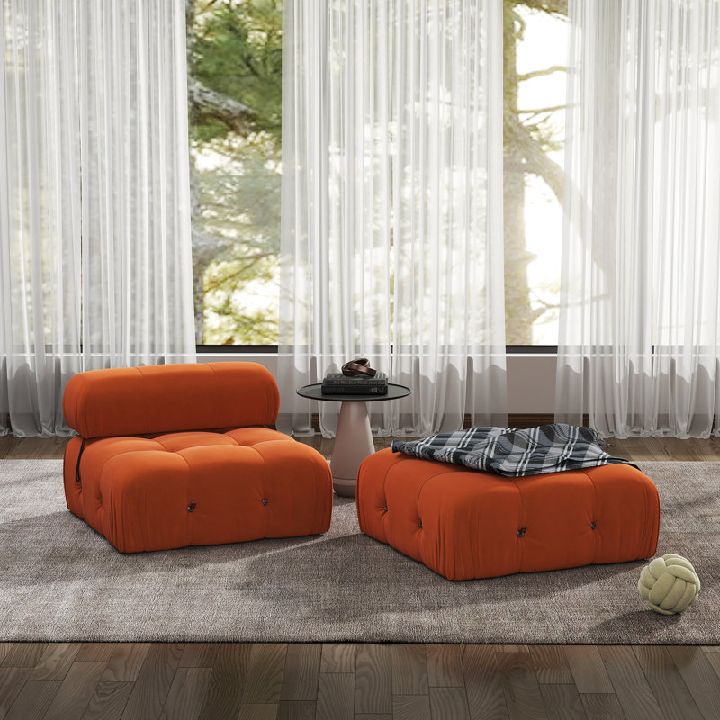 Cylar 2-Piece Upholstered Modern Velvet Armless Modular Sofa With Ottoman, Orange