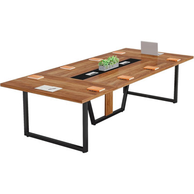 94.5" Large Conference Table For 8-10 People, Modern Office Meeting Table With Cable Management, Heavy-Duty Metal Legs, Training & Boardroom Furniture, Brown Walnut Finish