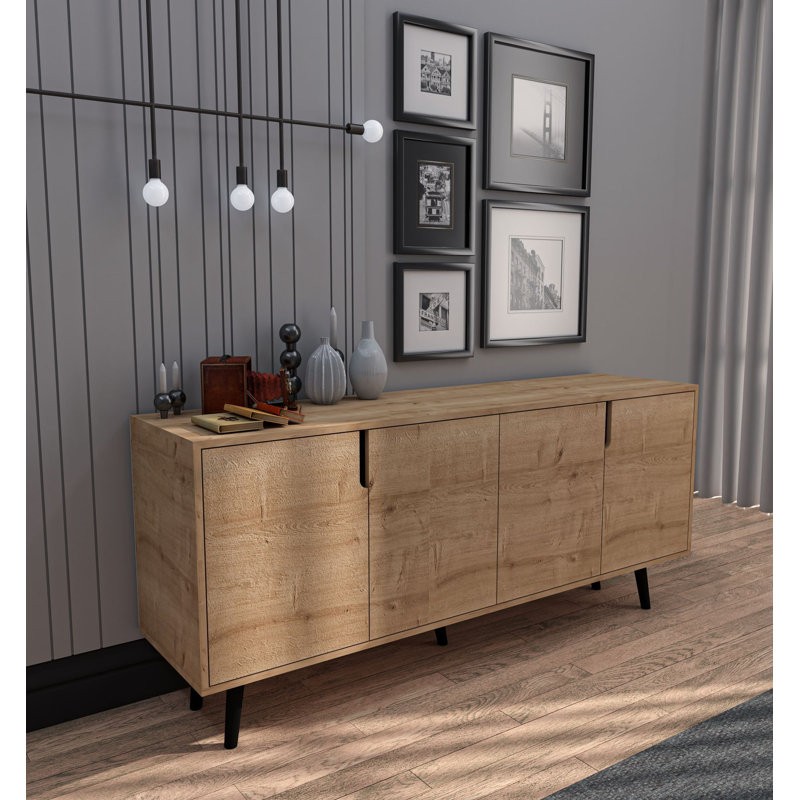 Buffet 71 po de largeur Mid-Century moderne avec pieds en bois, Chêne saphir