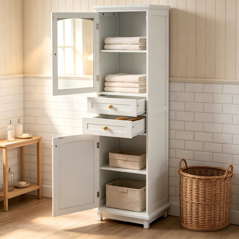 63" Tall Bathroom Storage Cabinet With Glass Doors, Free-standing White Cabinet With 2 Drawers & Adjustable Shelves, White